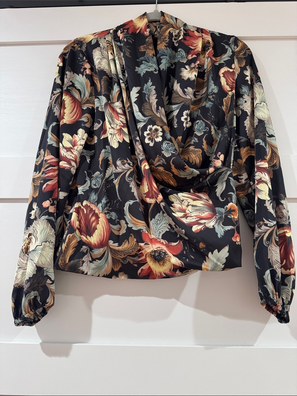 Tahari Black Draped Front Floral Blouse